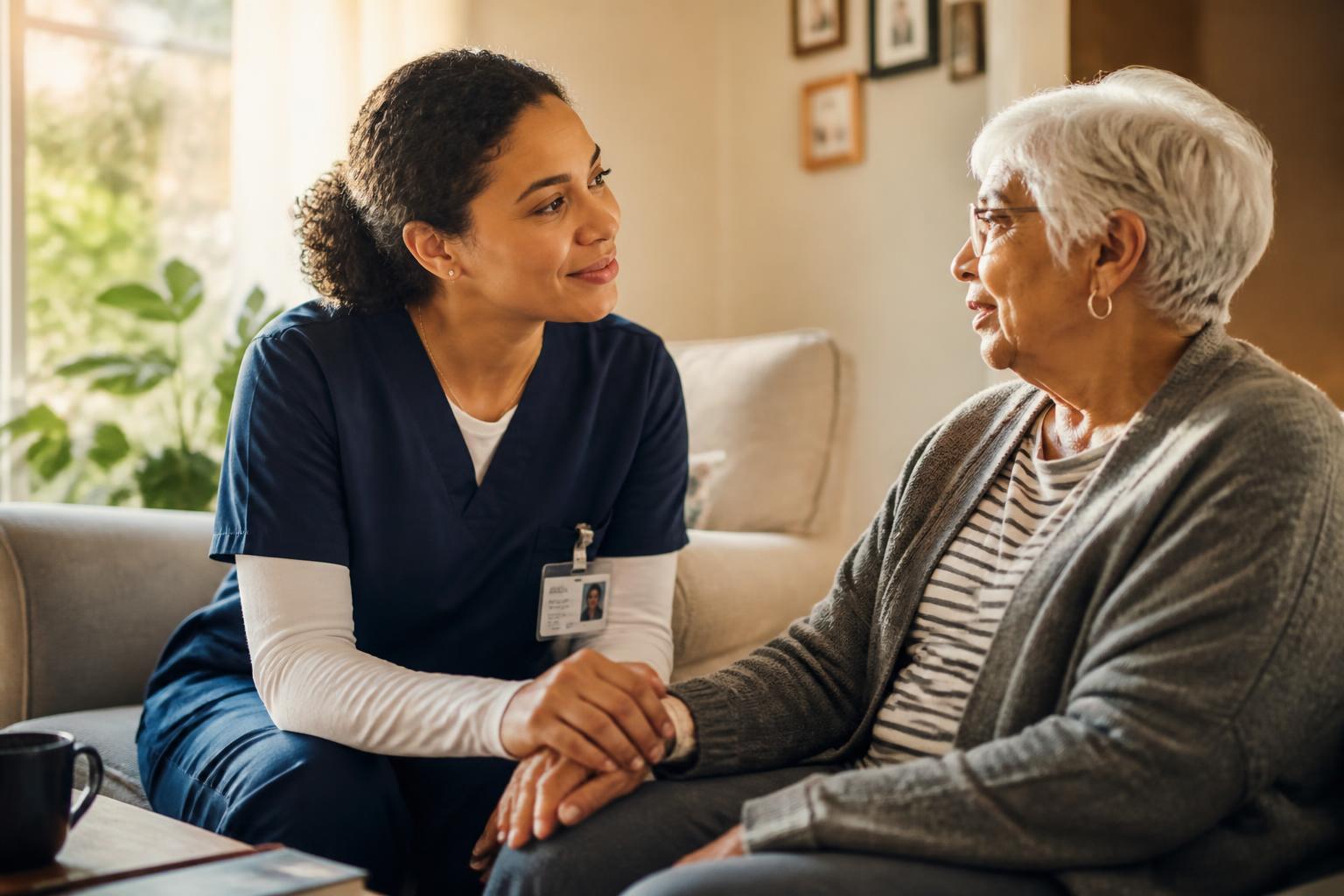 A caregiver gently holding the hand of an elderly client in a warm home setting